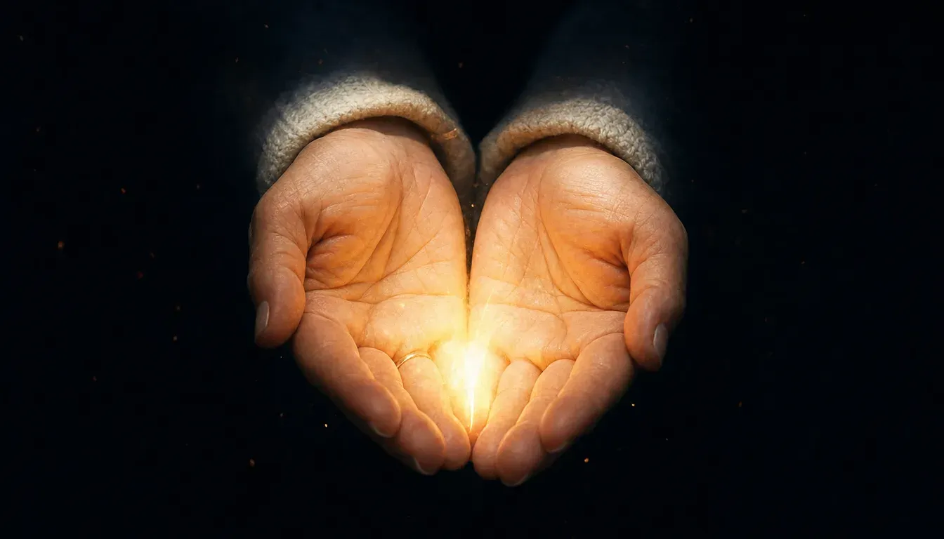 Night photograph of two cupped hands holding a small warm flame in deep blue darkness