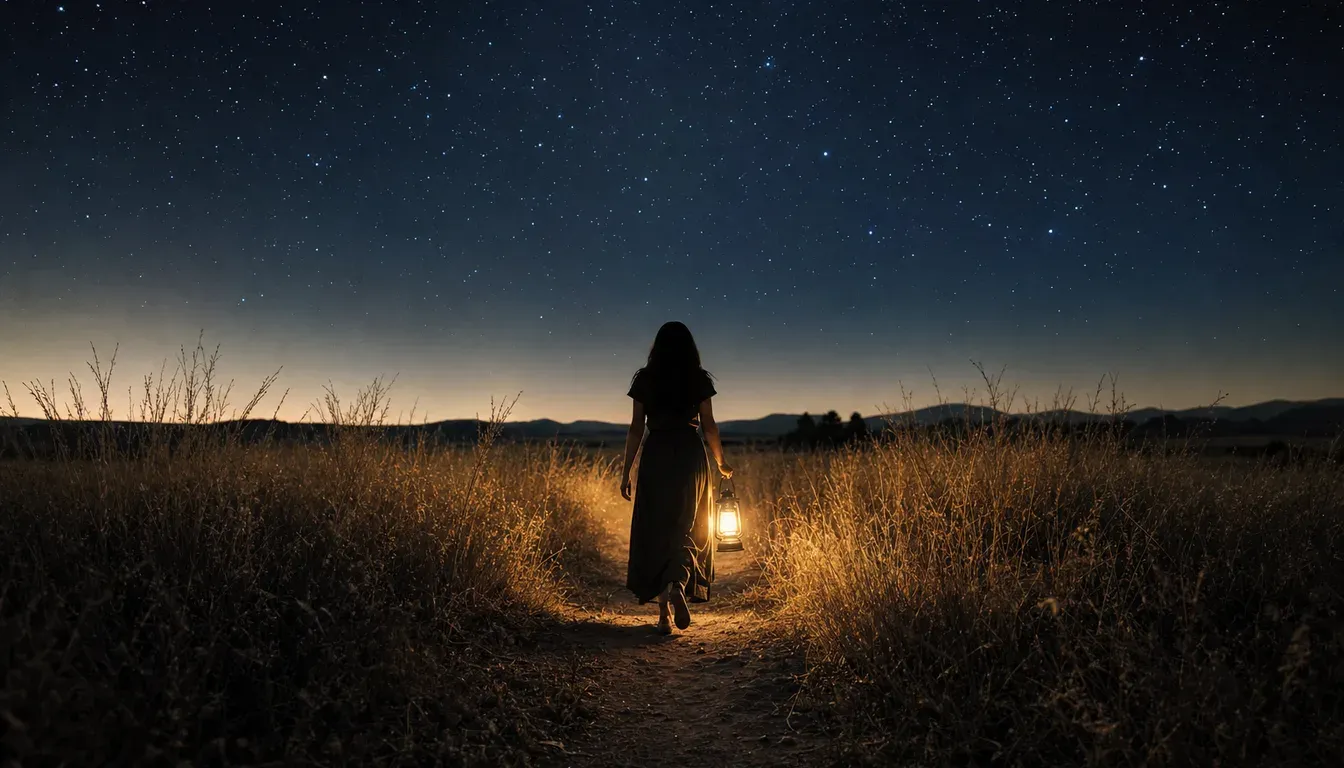 Night photograph of a woman carrying a glowing lantern along a path through tall grass