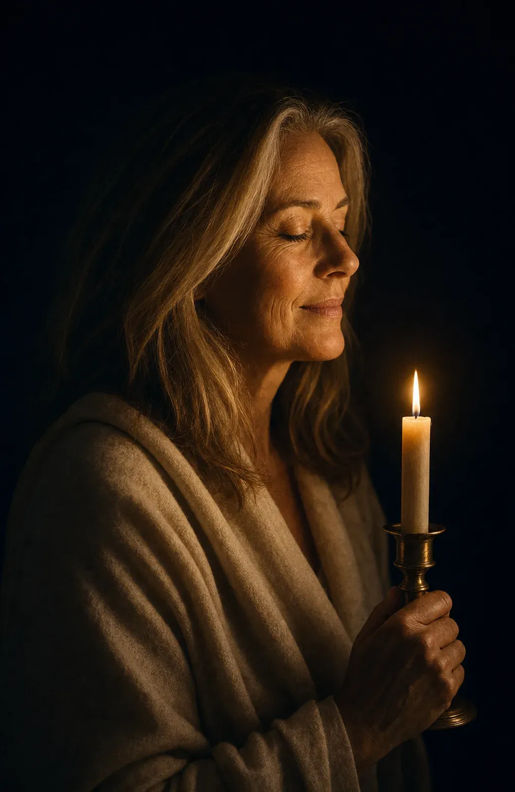 Placeholder portrait photograph: a woman in profile holding a single candle against deep night