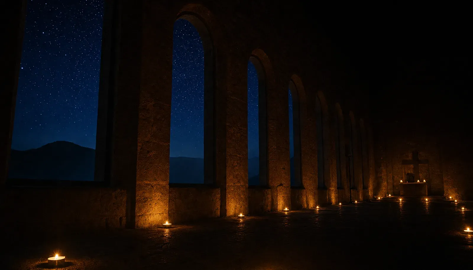 Night photograph of a sanctuary: tall arched windows open to stars, small candle flames below